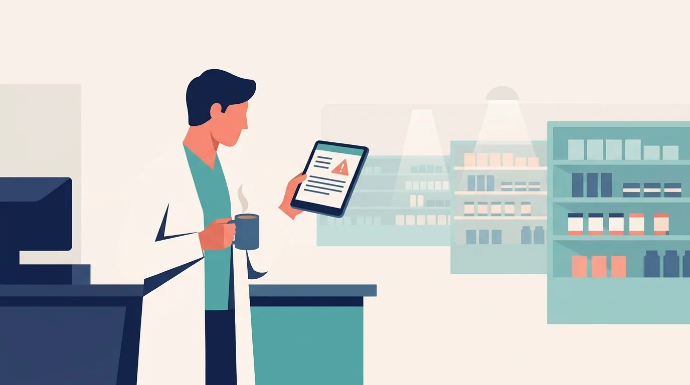 Farmacêutico lê as publicações da semana no tablet no início do expediente, com a farmácia ainda vazia ao fundo