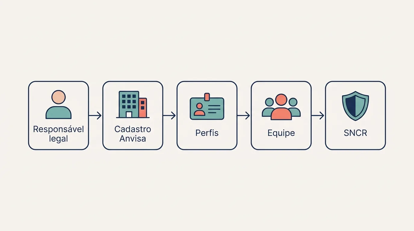 Fluxo do acesso ao SNCR: responsável legal, Cadastro Anvisa, perfis, equipe e SNCR