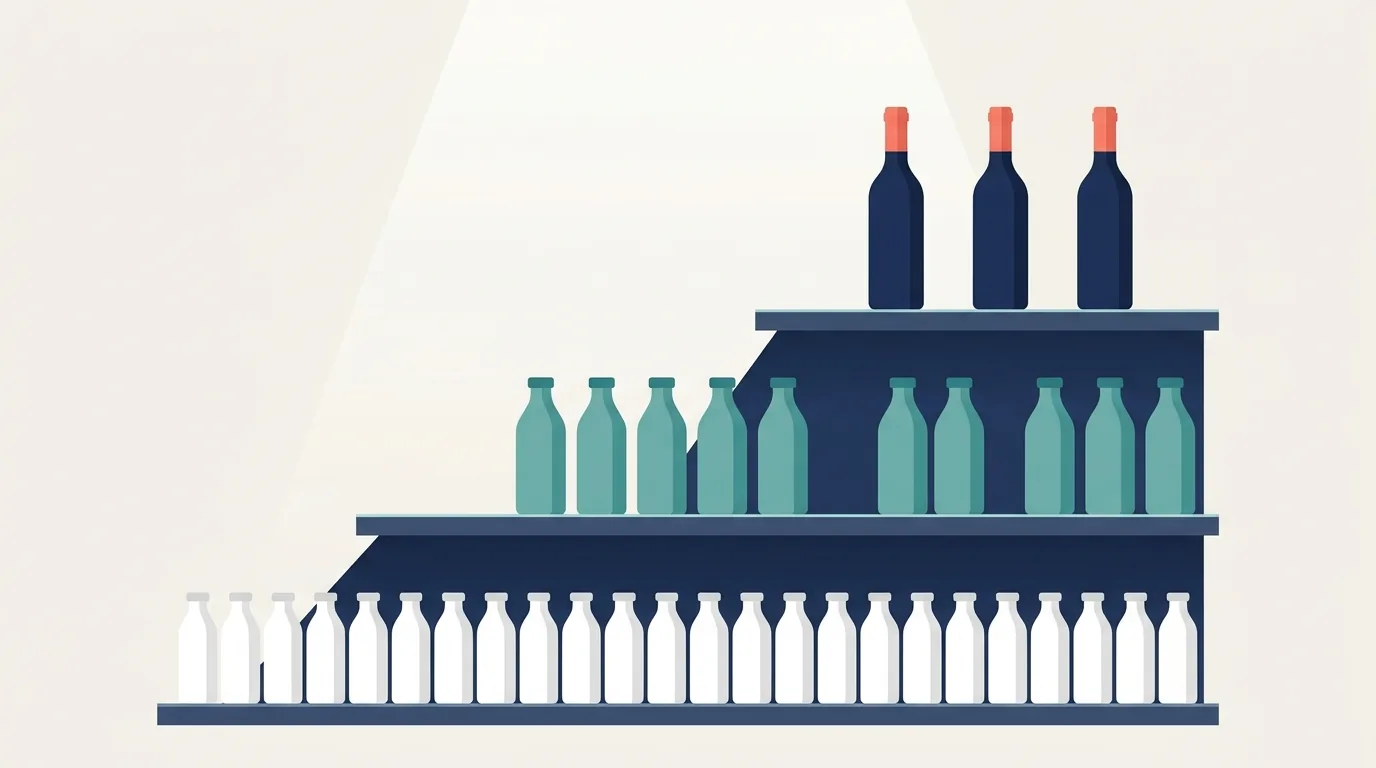 Ilustração de uma gôndola com três níveis de produtos, do item de entrada embaixo ao premium em cima, representando a escada de preço dentro da categoria