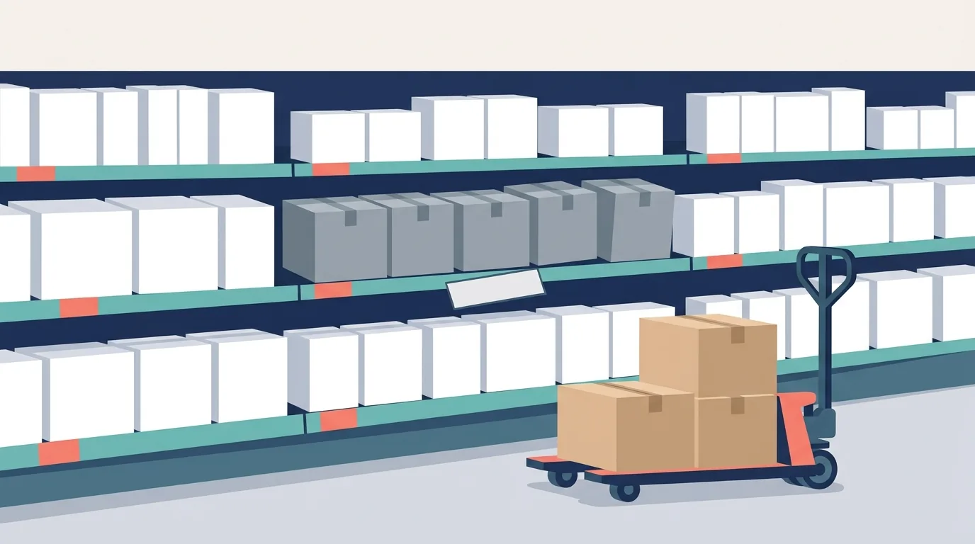 Ilustração de um corredor de supermercado com uma seção da gôndola cheia de caixas paradas e acinzentadas e um paleteiro com mais caixas à frente, representando a compra que não vira venda