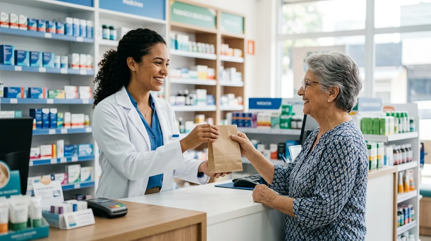 Farmacêutica atendendo cliente no balcão de uma drogaria credenciada