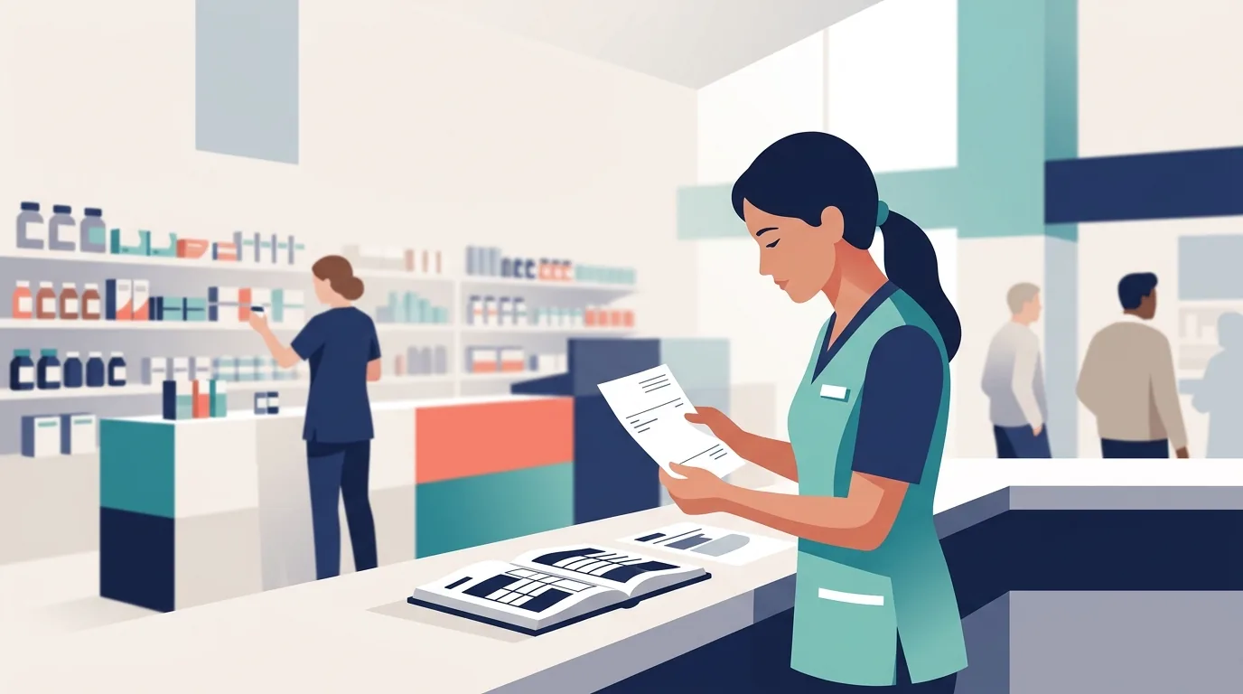 Farmacêutica confere uma receita no balcão enquanto um colega organiza a prateleira ao fundo