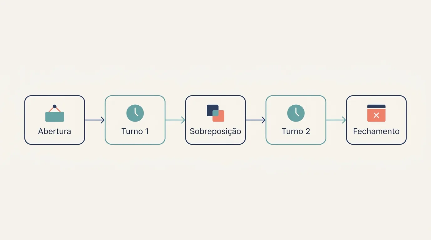 Diagrama da escala de um dia de loja, da abertura ao fechamento, com a sobreposição de turnos
