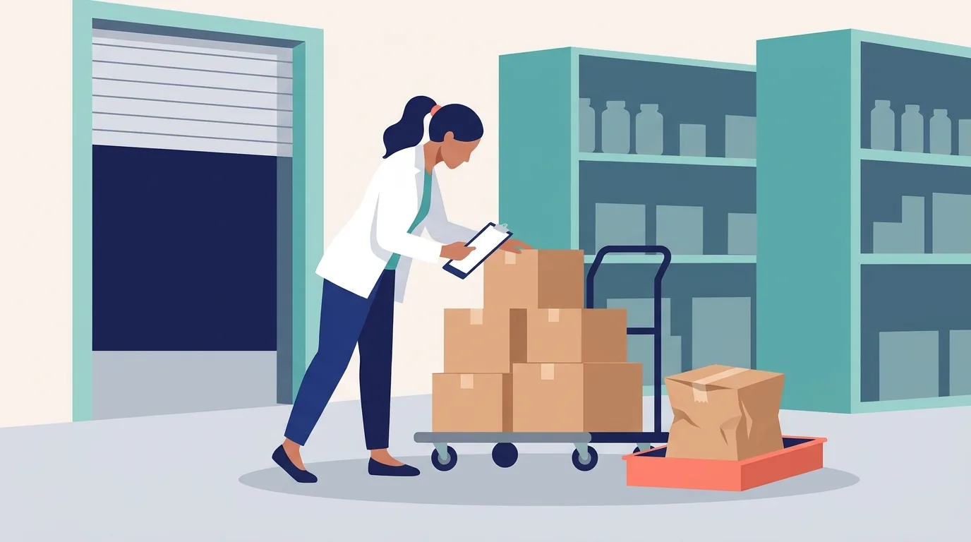 Farmacêutico confere caixas recebidas de um distribuidor e separa uma embalagem amassada
