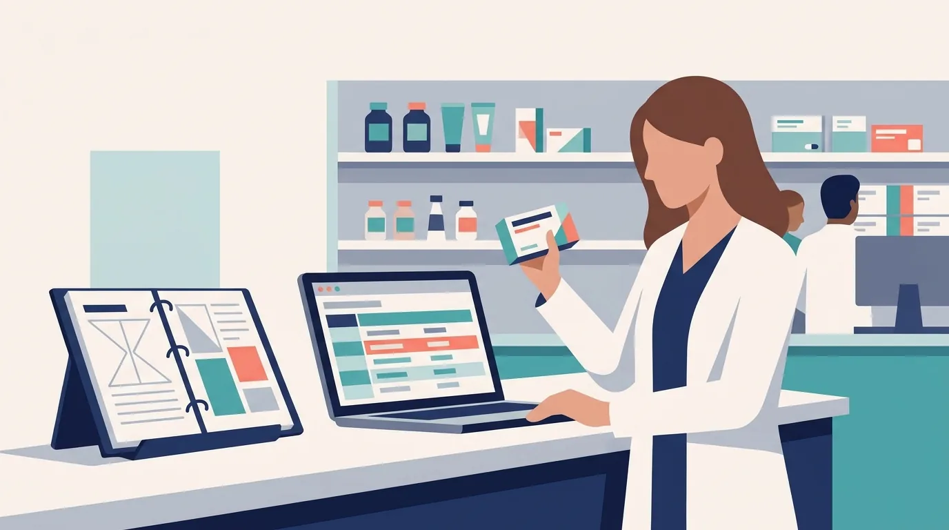 Farmacêutico compara a caixa de um medicamento com a lista de referência aberta no notebook