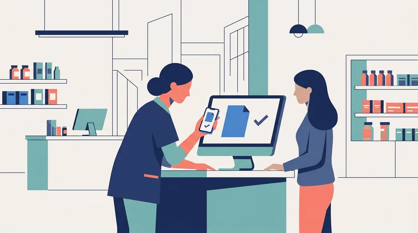 Farmacêutica valida a receita digital do cliente no celular e no computador