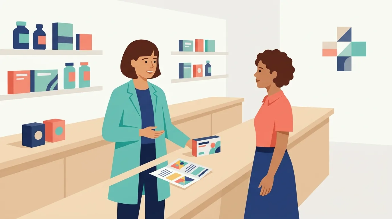 Farmacêutico orienta uma jovem cliente no balcão, com uma caixa de medicamento dermatológico à frente