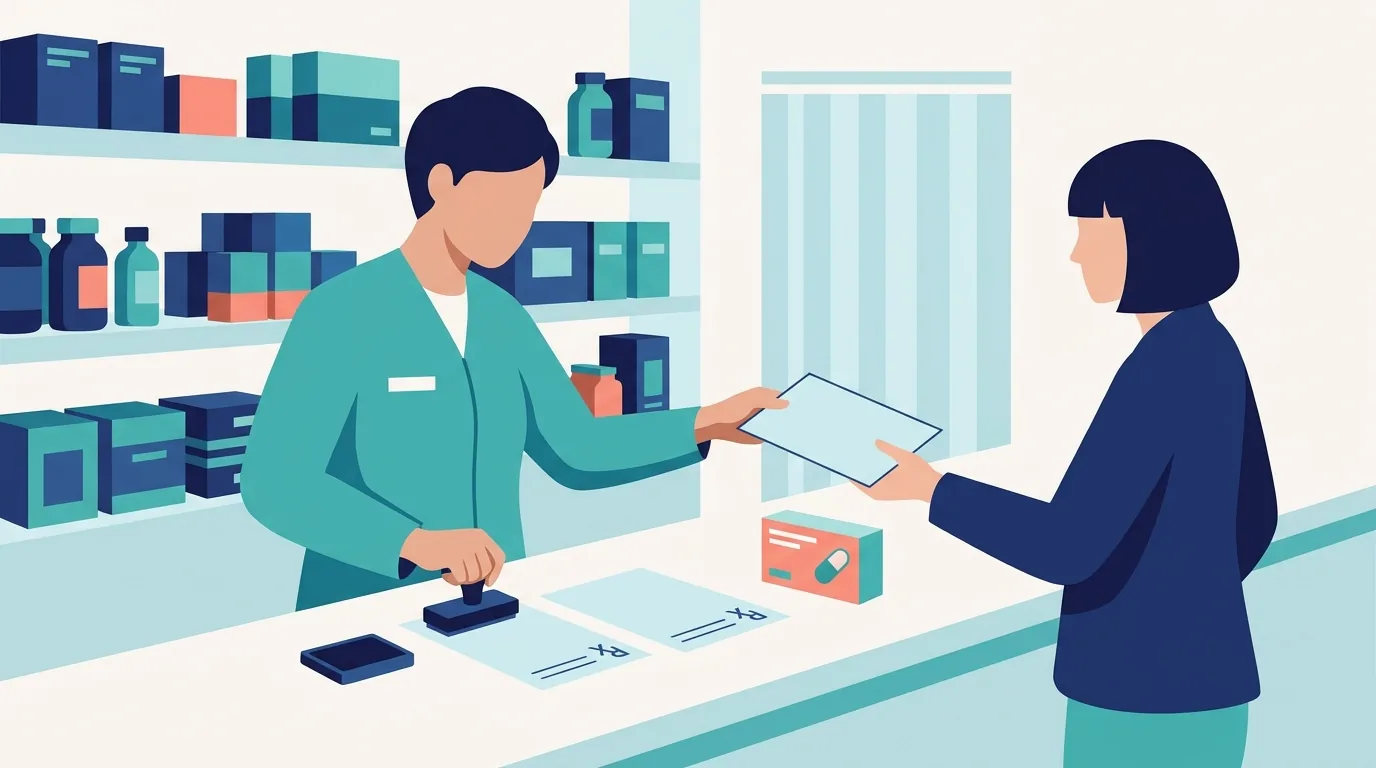 Farmacêutica carimba a segunda via da receita de antibiótico e devolve a primeira ao cliente