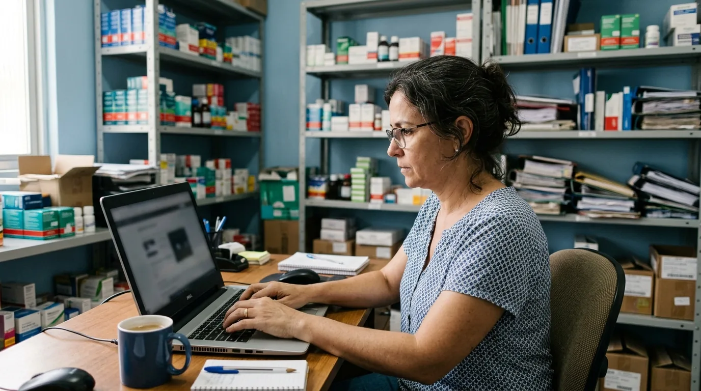 Responsável legal da farmácia fazendo a renovação anual pelo computador