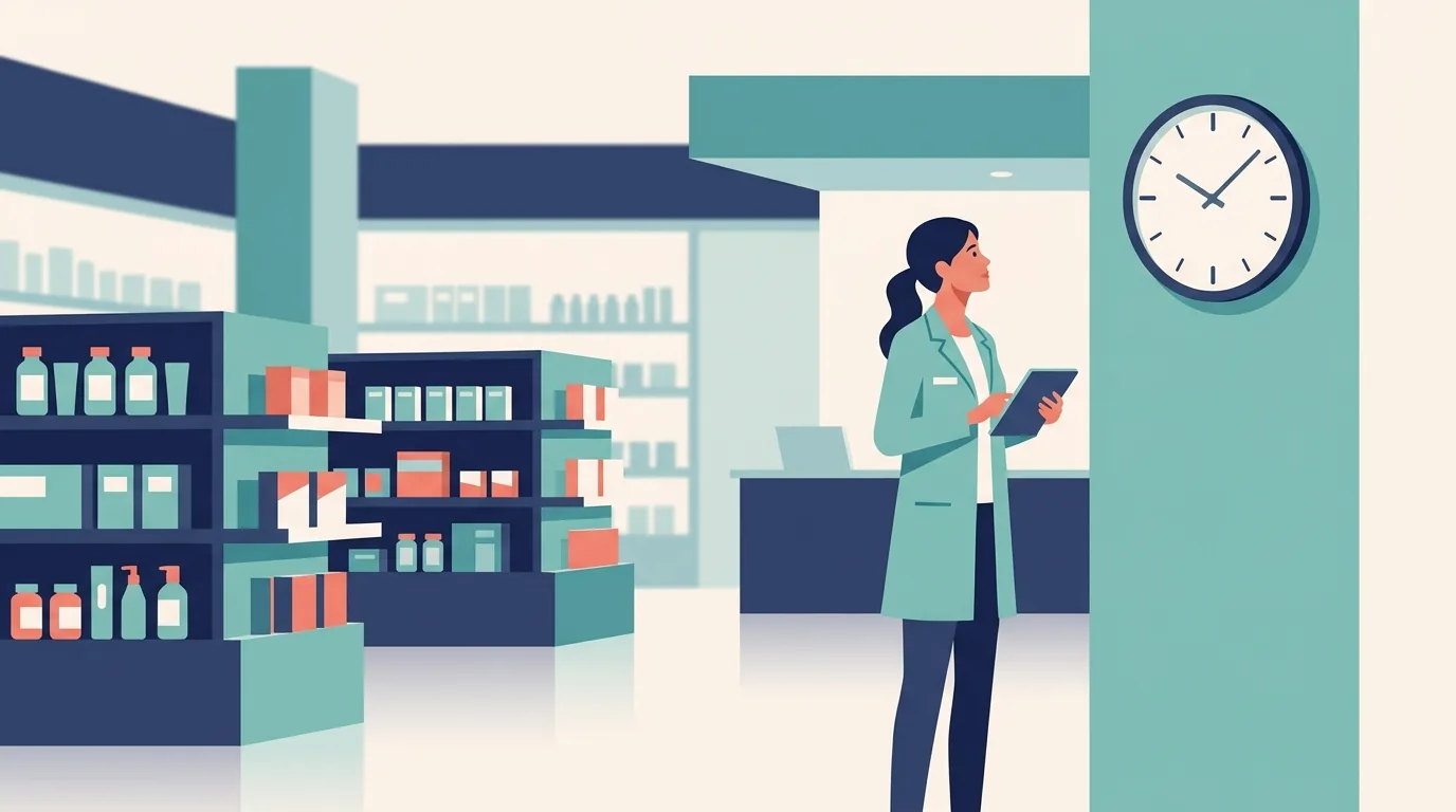 Farmacêutica olha o relógio da drogaria enquanto confere um registro no tablet