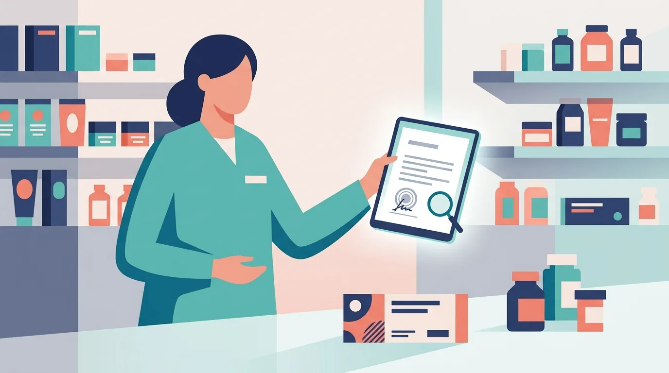 Farmacêutica confere a assinatura e os dados da receita eletrônica no tablet