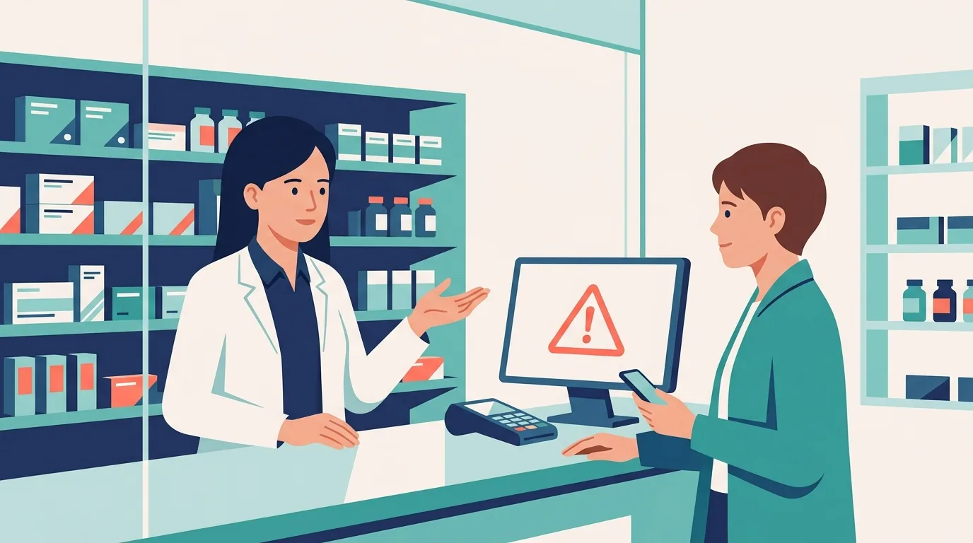 Farmacêutico explica com calma ao cliente um problema na receita, com alerta na tela