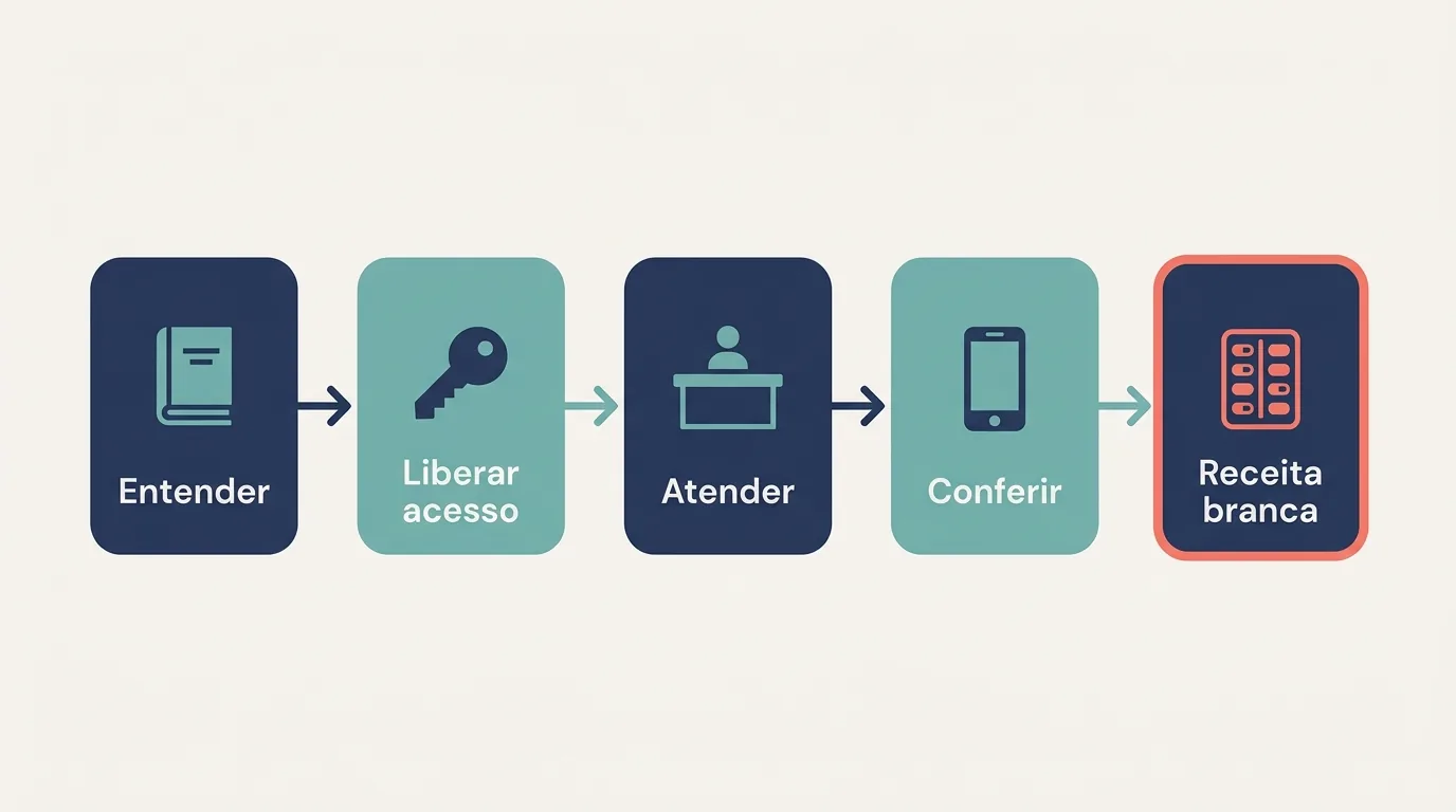Diagrama com os 5 passos do roteiro da farmácia para o SNCR