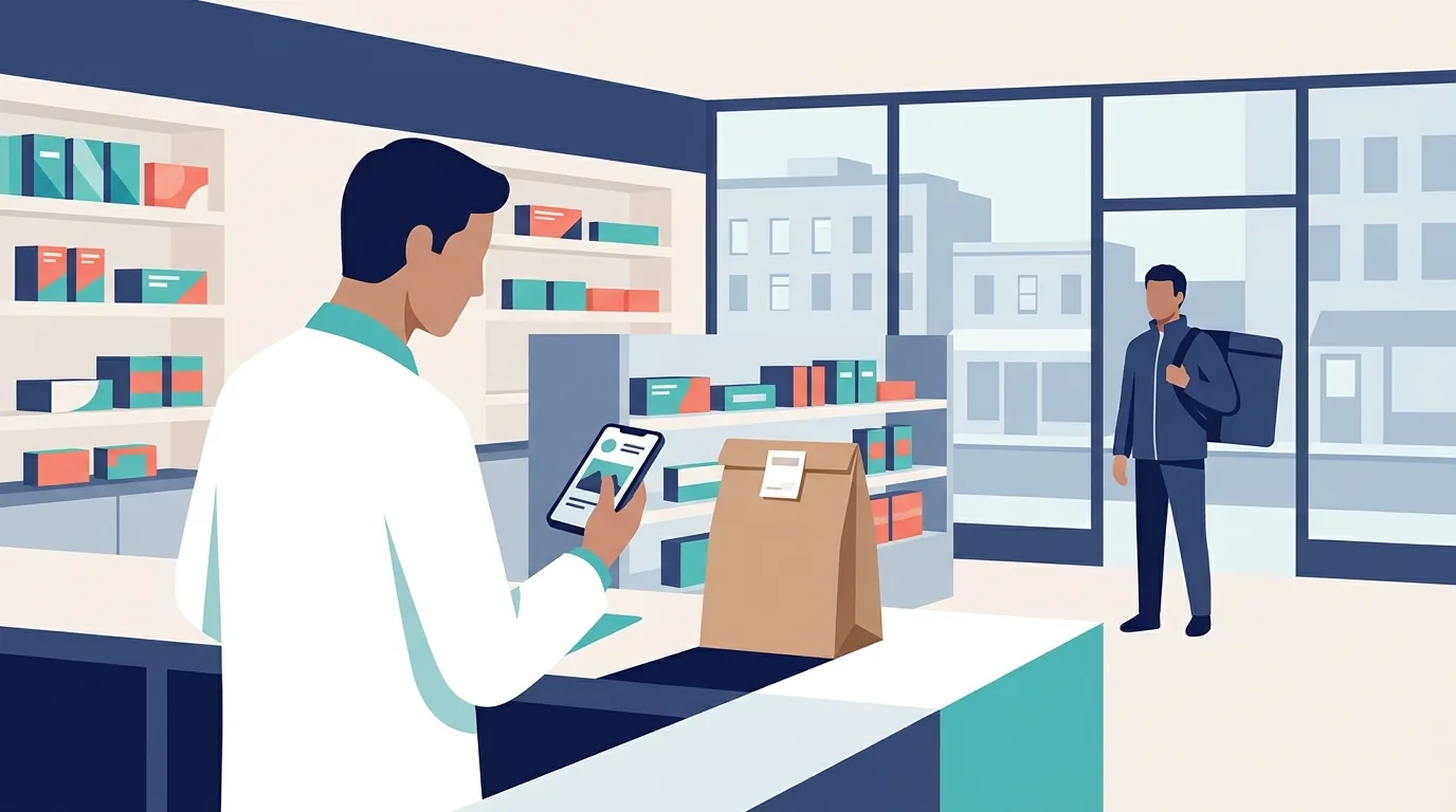 Farmacêutica confere uma receita na tela do celular ao lado de uma sacola lacrada de pedido, com o entregador aguardando ao fundo